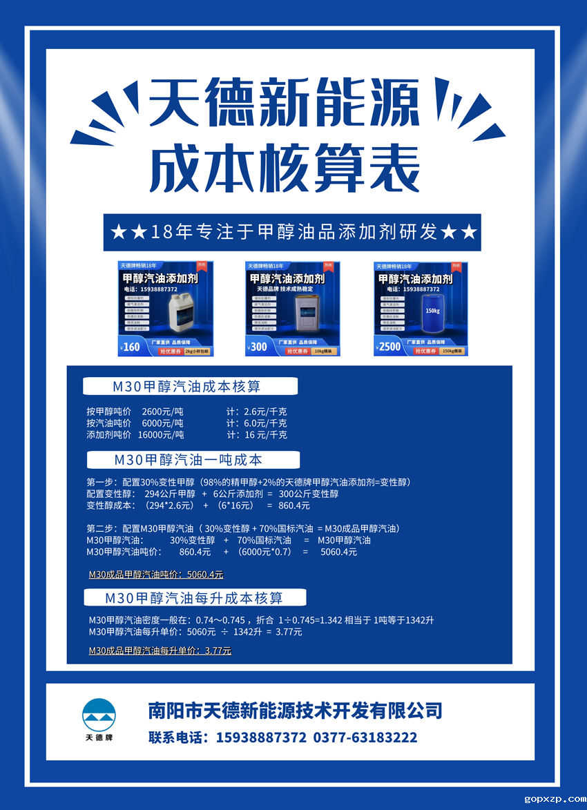 m30甲醇汽油成本核算表 m30甲醇汽油成本核算表